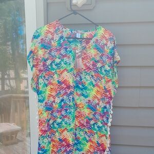 Beach By Design Red and Blue  Multicolor Swim Coverup for Beach Days With Tassel